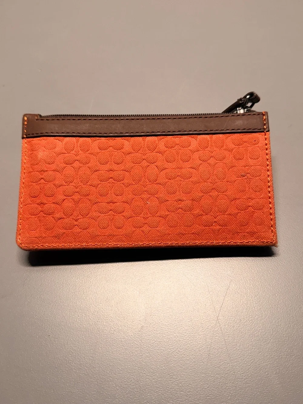 Coach Orange Canvas Zip Card Case with Brown Trim